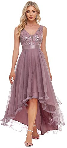 Ever-Pretty Robe Longue Femme High Low Paillettes Tulle sans Manche Col V