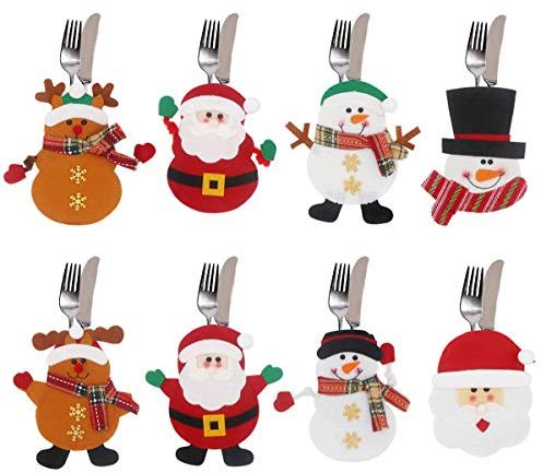 Annhao 8 Stück Weihnachten Bestecktaschen, Besteckhalter Weihnachten, Weihnachtsmann Schneemann Elch Tischdeko weihnachten, Tischdekoration für Messer Gabel weihnachtsservietten Weihnachtsdeko
