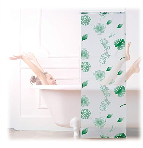 Relaxdays Duschrollo Blätter, 60x240cm, Seilzugrollo für Dusche & Badewanne, wasserabweisend, Decke & Fenster, weiß/grün