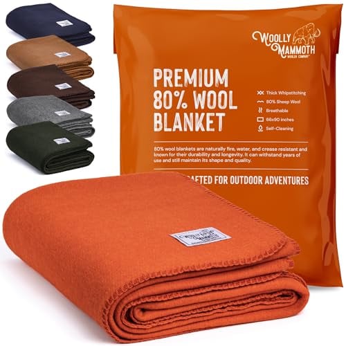 Wolly Mammoth 80 % Wolle Decke - Sofa Kuscheldecke 167 x 230 cm Dicke Wärmedecke, Flauschige Wohndecke, Militärdecke, Wolldecke, Wärmende, Schwere Couchdecke, Draußen, Camping Rettungsdecke, Orange