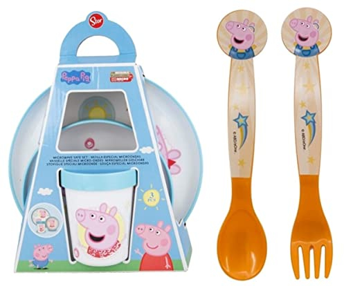 Official Peppa, George, Pig Characters 5 Piece Coloured BPA Free Premium Micro Dining Set - Plate, Bowl, Tumbler, Spoon and Fork Dinnerware Set for Children
