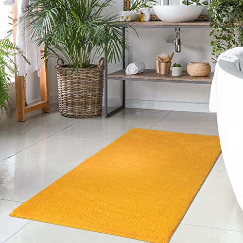 Badteppich Gelb - 80x150 cm Einfarbig - Badematte rutschfest, waschbar, weich, saugfähig, schnelltrocknend - Badvorleger Hochflor Soft Touch Badezimmer