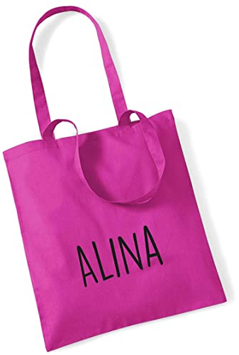 Jutebeutel bedruckt mit Name groß | Stofftasche Baumwolle inkl. Namensaufdruck für Jungen & Kinder | Personalisierter Kinderbeutel Tragetasche für Krippe, Kindergarten, Schule (pink)