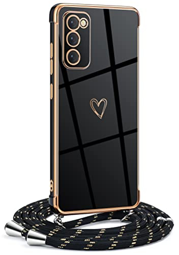 Mkej Funda para Samsung Galaxy S20 FE 4G/5G con Cuerda, TPU Suave Silicona diseño de corazón con Chapado en Oro de Lujo, Funda Samsung Galaxy S20 FE 4G/5G Cuerda para Mujeres y niñas, Oro Negro