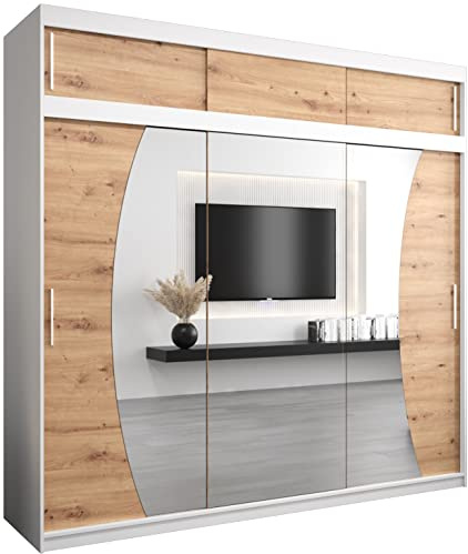 MEBLE KRYSPOL Wave 250 Schlafzimmerschrank mit DREI Schiebetüren, Spiegel, Kleiderstange und Regalen – 250x240x62cm - Mattweiß + Artisan mit Verlängerung
