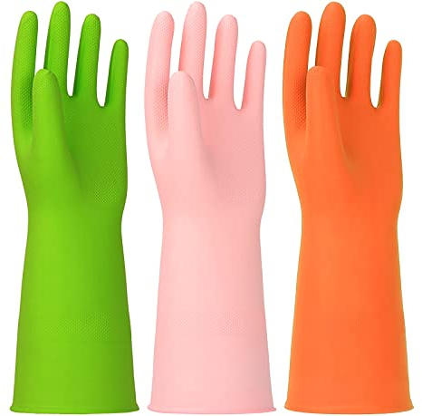 HINSOCHA 3 Pairs Reusable Rubber Gloves Latex Free Dishwashing Gloves - 13 Household Cleaning Gloves Small Green+Pink+Orange