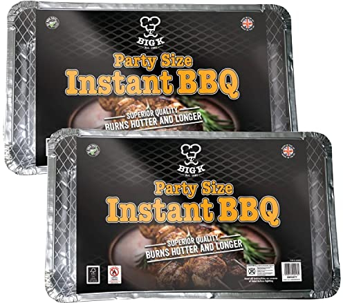 Big K Disposable Instant BBQ Tray - Pack of 2 Party Size All In One Barbecue Instant Light Charcoal Grill Trays with Topline Card. Ideal for Garden BBQ, Camping, Outdoor Party, Picnics.