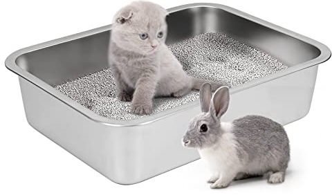 Caja de Arena para Gatos de Acero Inoxidable, Caja de Arena metálica para Gatos y Conejos, arenero Gatos Grande, no Absorbe olores, Superficie Lisa, Fondo de Goma Antideslizante,15,7L x 11,7 W x 4H