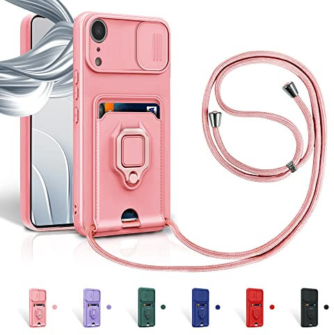Aithne Cordon de Coque pour iPhone XR,Couvercle Coulissant de la Caméra+Support Annulaire à 360 Degrés,Fentes pour Cartes Lanyard Silicone Case -Pink
