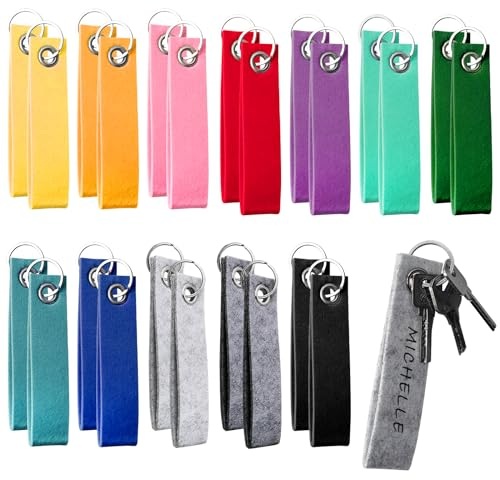 VMUTGA 24 Stück Schlüsselanhänger Filz, Bunter Filz Schlüsselanhänger Rohling mit Edelstahl Ring Blanko Filzanhänger Beschriftbar Schlüsselring für DIY Handwerk Dekoration Taschen Basteln (13 * 3cm)