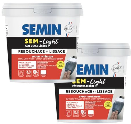 Enduit de Rebouchage Allégé pour Trous et Fissures Importants, Sem-Light Semin, Intérieur, Seau de 10 L (lot de 2)