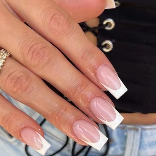 24 Stück Nägel zum Aufkleben Kurz Eckig Nude Weiß French Tip Kunstnägel Press on Nails, Vollabdeckung Acryl Künstliche Nägel, Natürliche Fingernägel Fake Nails Mittel für Frauen und Mädchen