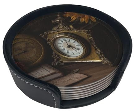 Untersetzer für Getränke, 6 Stück, Antik-Uhr, Leder, Auto-Untersetzer mit Halter, Tassenmatten für Wohnzimmer, Küche, Kaffee-Dekor