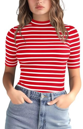 Zengjo High Neck Tops for Women Short Sleeve Striped (Red White Striped,L)