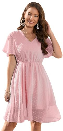 KOJOOIN Robe pour Femme Elégante Mini Robe Longue Courte Swiss Dot Encolure en V Manches Courtes Robe de Plage Casual Robe Rose Clair L