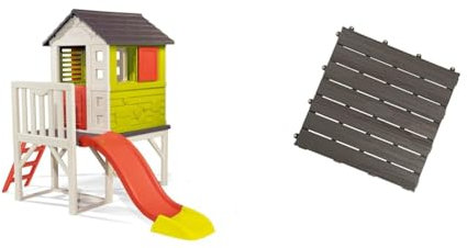 Smoby - Maison Pilotis - Cabane de Jardin Enfant - Toboggan + Echelle & Set De 6 Dalles (45x45 cm par pièce) - Accessoire de Maison Smoby - Créer Un Plancher - Clipsage Rapide