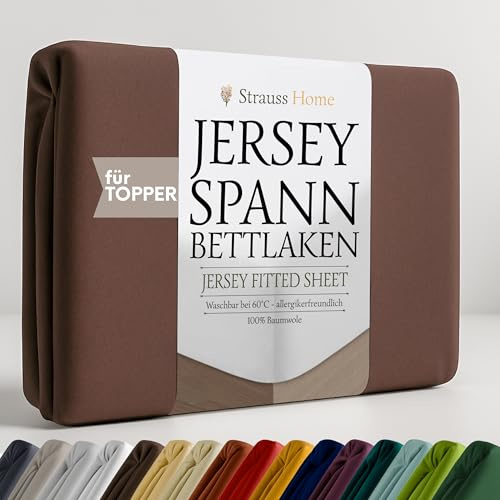 Strauss Home Premium Spannbettlaken Jersey 180x200-200x200 cm Topper - 160 g/m² 100% gekämmte Baumwolle, 10 cm Steg, Oeko-TEX - für Matratzentopper bis 10 cm - Schokobraun