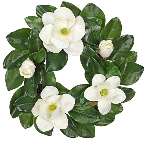 Oairse 20 inch Artificial Wreath for Front Door White Magnolia Wreath Greenery for Spring Summer Decor Home Wedding Farmhouse Mantel Door Year Round Decoration
