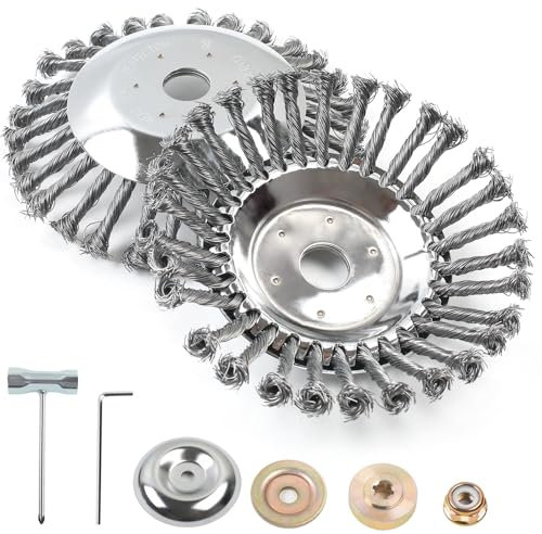 MaxEarn 2 Stücke 200mm Unkrautbürste mit 25,4mm Bohrung, Hochwertige Gezahnte Drahtbürste Verhindern Sie Knoten, Silber Rundbürste für Freischneider, Wildkrautbürste für Motorsense mit Sie 6 Zubehör