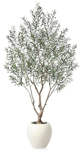 SOGUYI Olive Trees Artificial Indoor, 8 Feet Tall Faux Olive Tree with Round Artisan Planter, Premium Handmade, Realistic Trunk & Lifelike Leaves, Perfect for Large Spaces & Elegant Home/Office Decor