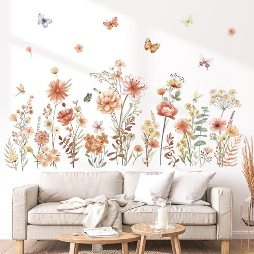 wondever Wandtattoo Blumen Boho Wandaufkleber Wildblumen Gras Schmetterlinge Wandsticker Wanddeko für Schlafzimmer Wohnzimmer Sofa Hintergrund