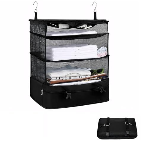 Accmuzzy Hängender Koffer Organizer Groß,Platzsparender Kofferorganizer, Faltbarer Reise Organizer,Dreischichtiger Kleiderschrank Organizer Hängend für Kleiderschrank und Reisen,44x28x63cm