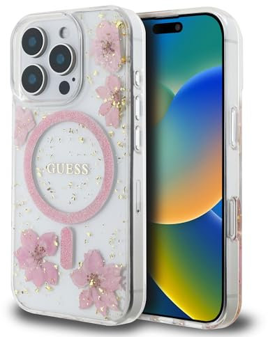 CG MOBILE Guess Resin Flowers Glitter kompatibel mit MagSafe Hülle für iPhone 16 Pro Max (Rosa)