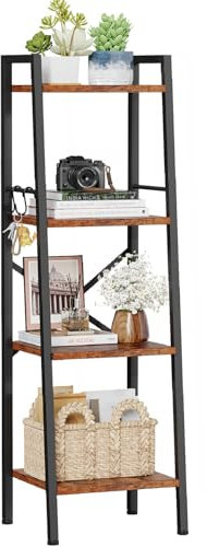 Furologee 4 Tier Ladder Bookshelf Narrow, Metal Wooden Ladder Shelf Bookcase with 2 Hooks, Small Rustic Brown Bookshelves Free Standing, Skinny Leaning Book Shelves for Bedroom Bathroom Living Room