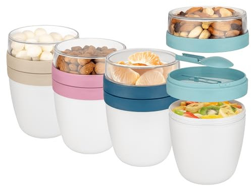 Winkly® Bol Muesli à Emporter, 500 ml + 200 ml Ensemble de 4, 100% Sans BPA, Pot à Déjeuner, Parfait pour L'école et Le Bureau, Gobelet à Müsli Réutilisable pour Le Petit-déjeuner, Conteneur à Fruits