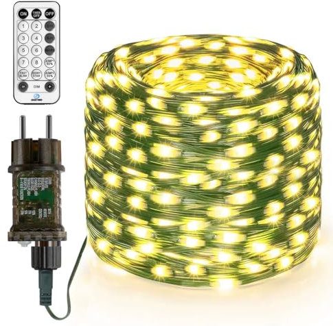 Gresonic 40M 400 LED Lichterkette Außen mit Stecker 12 Modi Timer IP44 Wasserdicht Lichtervorhang für Außen Innen Garten Balkon Outdoor Warmweiß Remote (Grünem PVC-Kabel Warmweißen, 400LED)