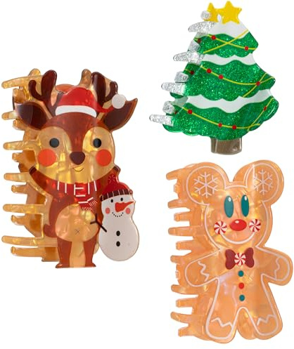 Lot de 3 pinces à cheveux en forme de sapin de Noël à paillettes pour femme – Pinces à cheveux en forme de renne de Noël de 7,6 cm – Pinces à cheveux en acrylique à forte adhérence pour cheveux