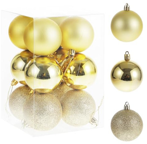 RELONGGI 12pcs Christmas Tree Baubles, 6cm Pre-Strung Elegant Shatterproof Ornaments, 3 Styles for Holiday, Wedding, Halloween Decor (Gold, Middle)