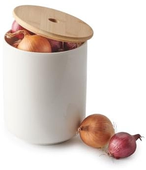 Betty Bossi Zwiebeltopf Keramik mit Bambusdeckel – Frische Zwiebeln und Knoblauch dank Luftzirkulation, Hochwertige Keramik, Stilvoll und funktional für jede Küche