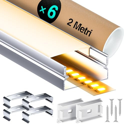 LASLUX LED Aluminium Profil 6 x 2m(12m) Aluminium Oberflächenprofil für LED Streifen bis 15 mm Breite mit milchweißer PC Abdeckung und Zubehörset(SP58)