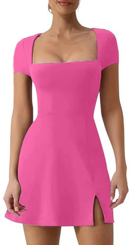 Damen-Minikleid mit quadratischem Ausschnitt, kurzärmelig, Y2K, einfarbig, dehnbar, figurbetont, seitlich geteilter Saum, A-Linie, Kleider, Party, Clubwear, Rose Red a, XL