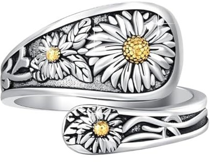 Generisch Vintage Daisy Blumen Ring, 18,2 mm, Zweifarbig Silber-Gold, Verstellbar