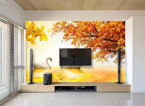 XLMING Automne Feuilles D'Érable Rouge Feuilles De Ginkgo Biloba Jaune Cygne 3D Papier Peint Décoration Manger Intérieure Salon Canapé Chambre Fond TV Mur-300cm×210cm