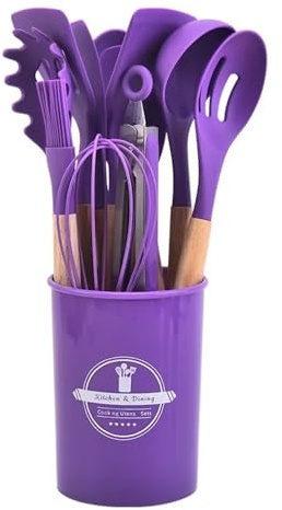 Lot de 12 ustensiles de cuisine en silicone avec poignée en bois antiadhésive, seau de rangement, ustensiles de cuisine en silicone (violet, 12 pièces)