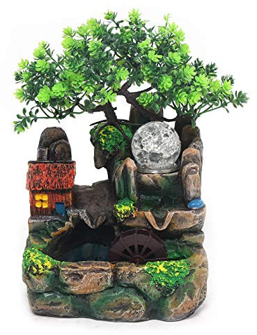 TESUGN Zimmerbrunnen mit LED Beleuchtung, Tischbrunnen Desktop Bonsai Ornamente Mit LED Kristallkugel und Zerstäuber Tischbrunnen, Ornament für Indoor Home Office Desktop Dekoration