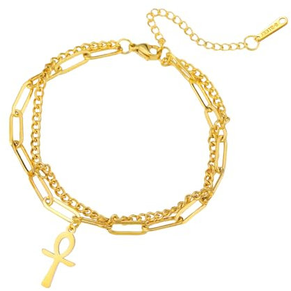 EUEAVAN Ankh Kreuz Armband für Frauen ägyptische verstellbare Ankh Armreif religiöses Kreuz Fußkettchen Schutz Amulett altes Ägypten Schmuck (Gold2)