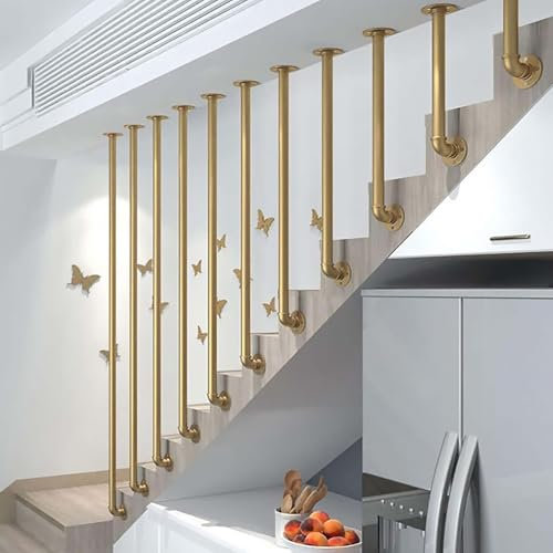 Corrimano per scala in oro, ringhiera per scale in ferro metallico a forma di L, palo di supporto antiscivolo facile da installare, ringhiera di sicurezza in tubo zincato per interni ed esterni(140cm)