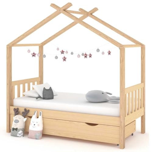 Goldicoo Montessori Hausbett Kinderbett mit Schublade aus Massivholz Kiefer – Bodenbett mit Lattenrost & Stauraum – 70x140 / 80x160 / 90x200 cm – Weiß/Grau/Braun – Montessori-Bett mit Aufbewahrung