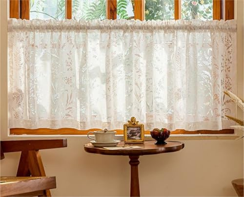 Yaland Jacquard Scheibengardine mit Blattmuster 1 Stück HxB 40x150cm Natur | zarten Lochstickerei Bistrogardine mit Stangendurchzug Sichtschutz Halbvorhang Spitzenvorhang für Küche & Fenster
