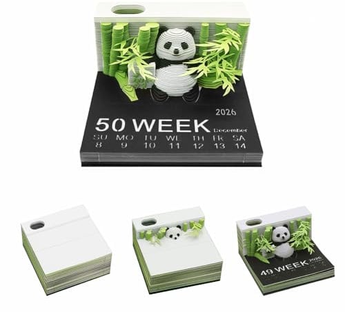 LOMUG 3D Tischkalender Abreißen 2026, 3D Notizblock Kalender Kreative Panda Papier Schnitzerei Kunst Schreibtisch Kalender, 3d Abreißkalender 2026 DIY Panda Dekoration für Weihnachten Neujahr Geschenk