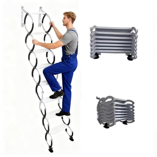 Wandmontierte Klapptreppe, ausziehbare Dachbodenleiter, robuste Stahl-Dachbodenleiter mit Ausziehsystem, 300 kg Tragkraft, für Innen- und Außenbereich, Kellereingänge(H280CM/110IN)