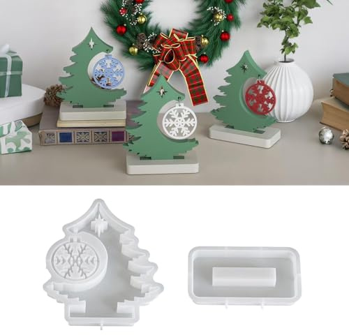 KLINNA Lot de 2 moules en silicone de Noël pour sapin 3D et flocon de neige, avec socle pour résine et plâtre, moules en silicone à couler comme pendentif ou décoration de table, forme de bougie