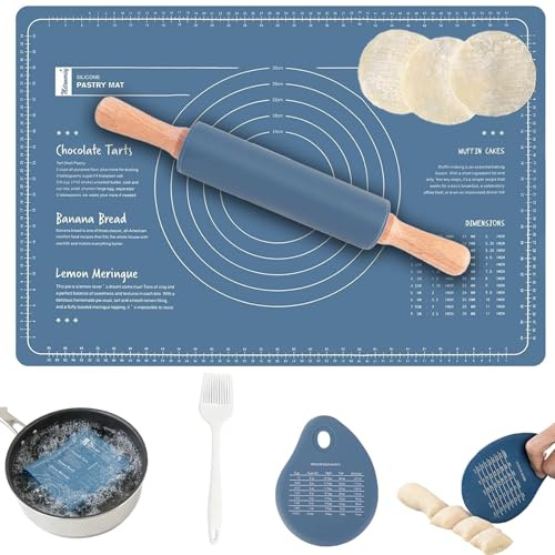 AEMCHDM Juego de 4 Alfombrillas de Rodillo Y Silicona, Rodillo Amasar de Superficie Antiadherente con Azul Tapete para Hornear, Rodillo de Silicona con Mango de Madera para Pasta Pizza Torta