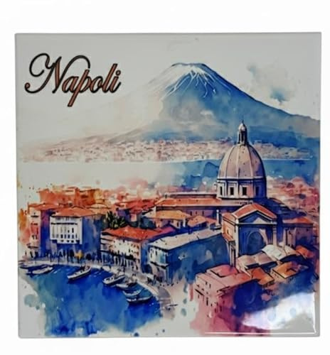 Generico Mattonella in Ceramica 15x15 cm Artigianale | Napoli: Golfo, Duomo e Vesuvio, Souvenir Artistico da Parete