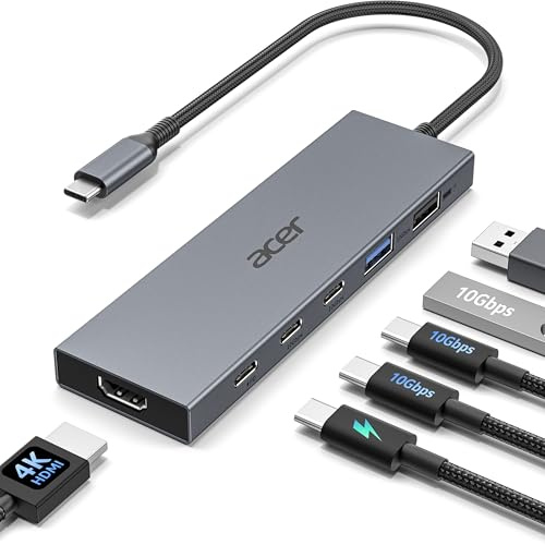 Acer 6-in-1 USB-C Hub 10Gbps, USB-C to 4K@60Hz HDMI Adapter, 100W PD Dongle | Premium Aluminum Type-C Multiport Splitter Compatible with Acer Swift, MacBook Pro/Air, iPad Pro & Windows Laptops
