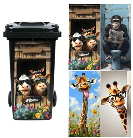 4Pcs Funny Animal Wheelie Bin Stickers, Large 82cm x 37cm Self-Adhesive Decals Featuring Giraffe, Gorilla, Cow for Trash Cans, Recycling Bins, Bins, Fridge, Wall, Garage, Indoor & Outdoor PVC Labels
